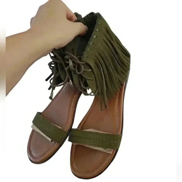 Minnetonka   Fringe Leather Zip Ankle  Open Toe Sandals Women's Size 10 - Picture 1 of 7